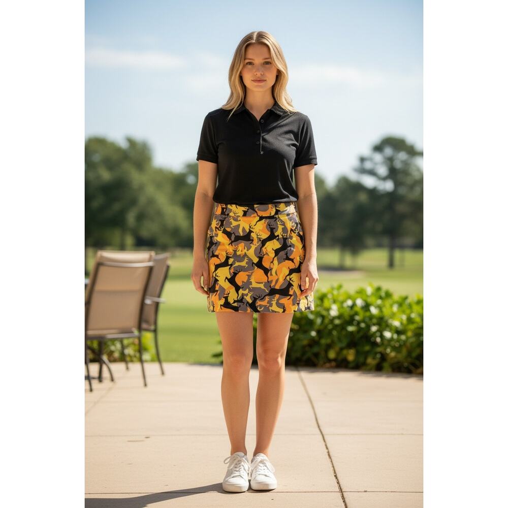Loudmouth Golf Womens Deer Print Golf Skort Size 12  Orange Yellow Black funny